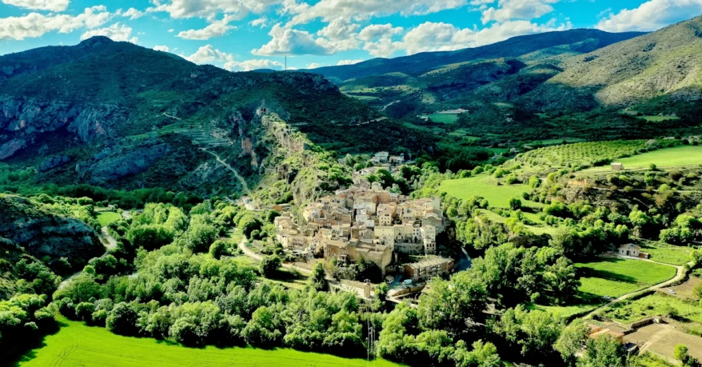 un paisatge amb cases i arbres