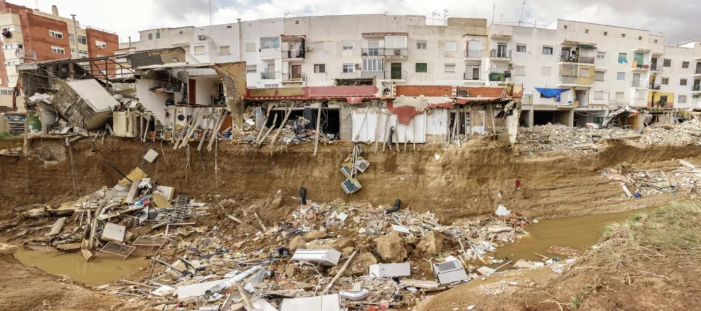 Buildings half destroyed by the flood in the Poyo ravine caused by the intense rains of the Dana over the Valencian Community