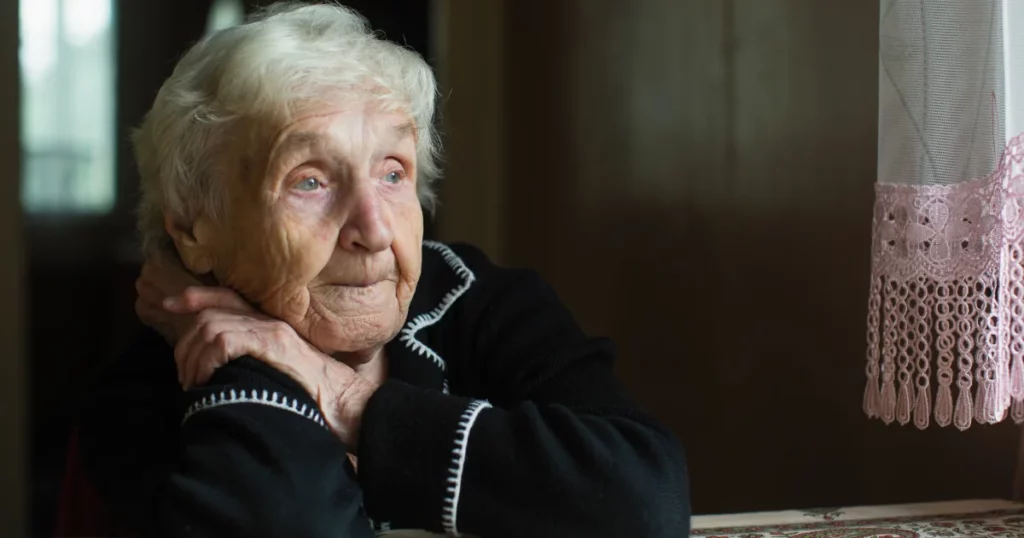 Portrait of a lonely skeptical old lady.